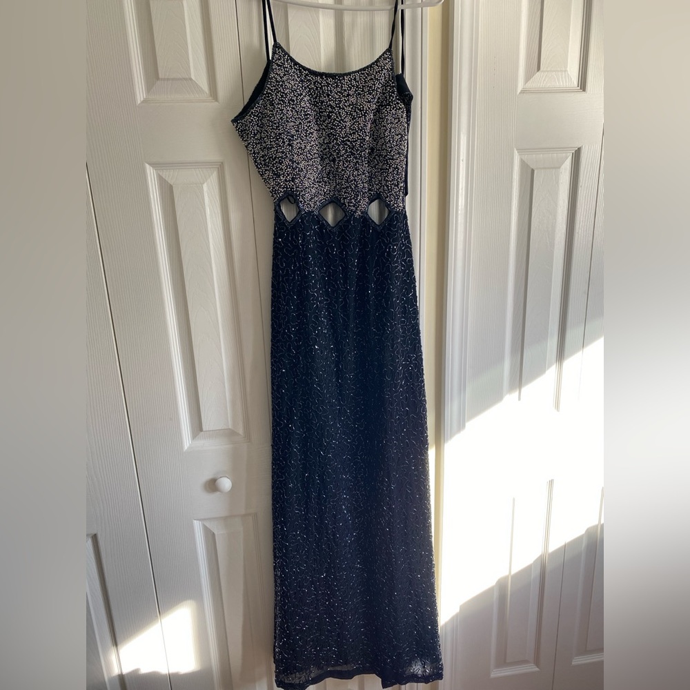 Size 10- Navy Blue Dress w/ intricate bead work on top, Diamond cutout by waist